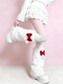1 Pair Sweet Wine Red Bow & White Fuzzy Leg Warmers (May Have Slight Shedding) - Multicolor - View 5