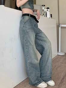 (Without Belt) Retro Wide-Leg Versatile Minimalist Women Jeans - Blue - View 3