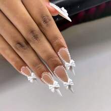 24pcs Long Pointed Nail Stickers, Elegant Butterfly & Pearl Design, Versatile For Daily Wear, Wedding & Party, Includes 1 Nail File - White - View 6