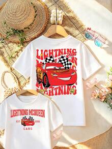 Disney Kids Cotton Lightning McQueen Print T-Shirt Casual Round Neck Short Sleeve Top, Men's Sizes Suitable For The Whole Family - 白色 - 查看 2