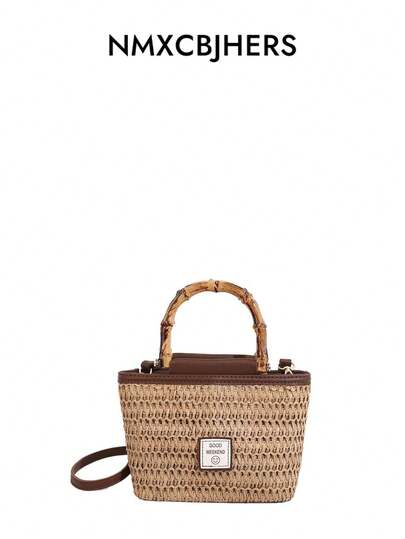 手工编织手提包，女士时尚新款托特包，沙滩度假草编包，单肩斜挎包，水桶包