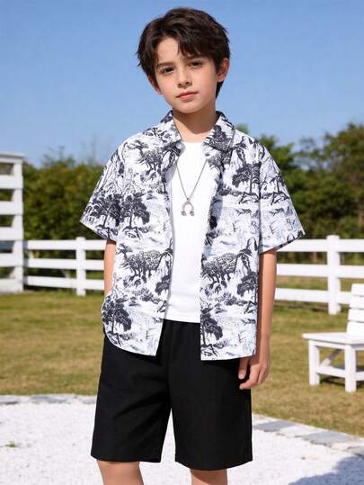 男童夏季风景印花衬衫短裤套装（2件套），休闲款
