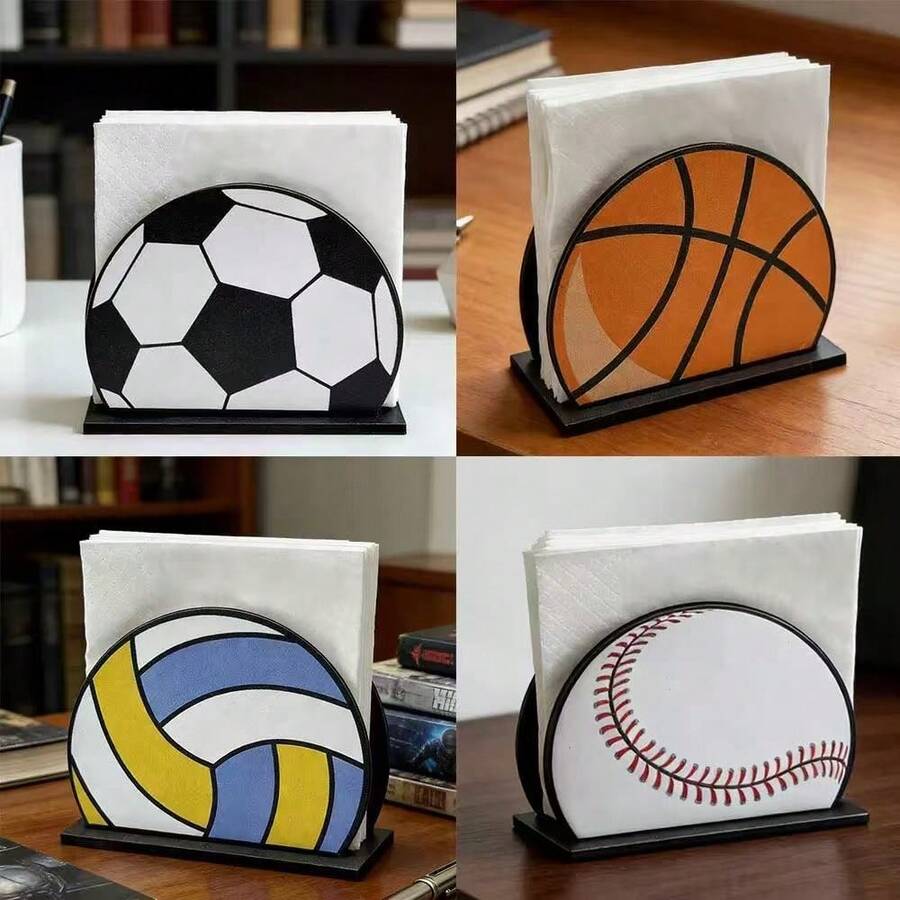 4 Styles Classic Sports-Themed Wooden Tissue Box Holders, Crafted In Soccer, Basketball, Volleyball, Baseball Shapes - Multicolor - View 1