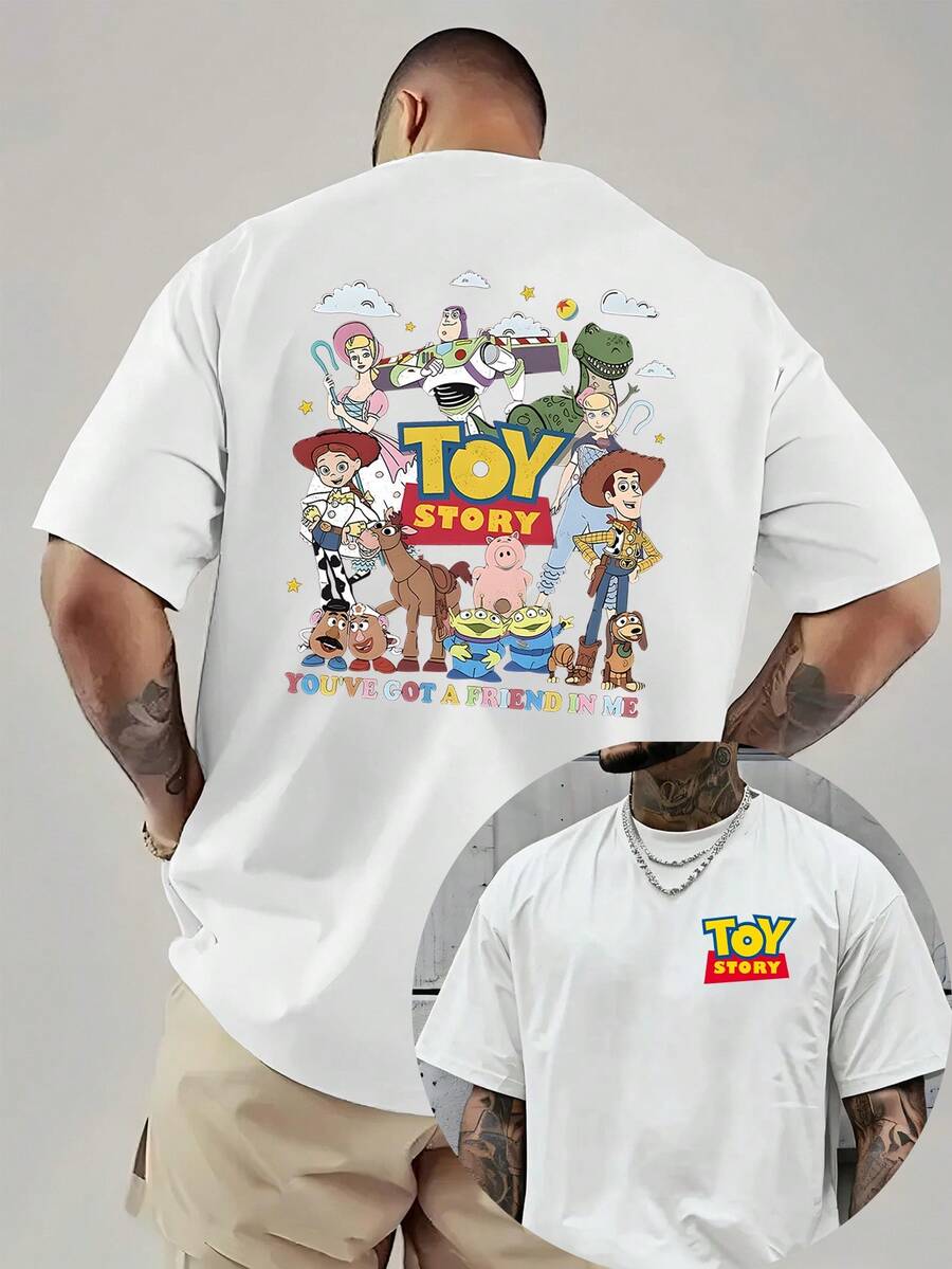 [Disney Official Genuine Authorization ]1pc Toy Story Men's T-Shirt Official Woody And Buzz Lightyear Printed Shirt With Dark Background Retro Animation Pattern Soft Breathable Material Birthday Party Dress, Casual Wear. - White - View 1