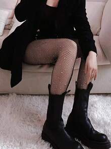 Rhinestone Decor Fishnet Tights - màu đen - Xem 3