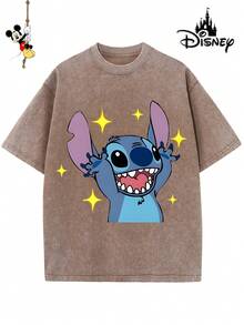 Disney-Licensed Men's Cotton T-Shirt For The 2026 Family Holiday. Featuring A Stitch Motif, Washed Crew Neck, Soft And Comfortable Feel, Easy Care And Suitable For Various Occasions Such As Holidays, Everyday Life And Commuting – Full Of Festive Spirit. - 咖啡棕 - 查看 1