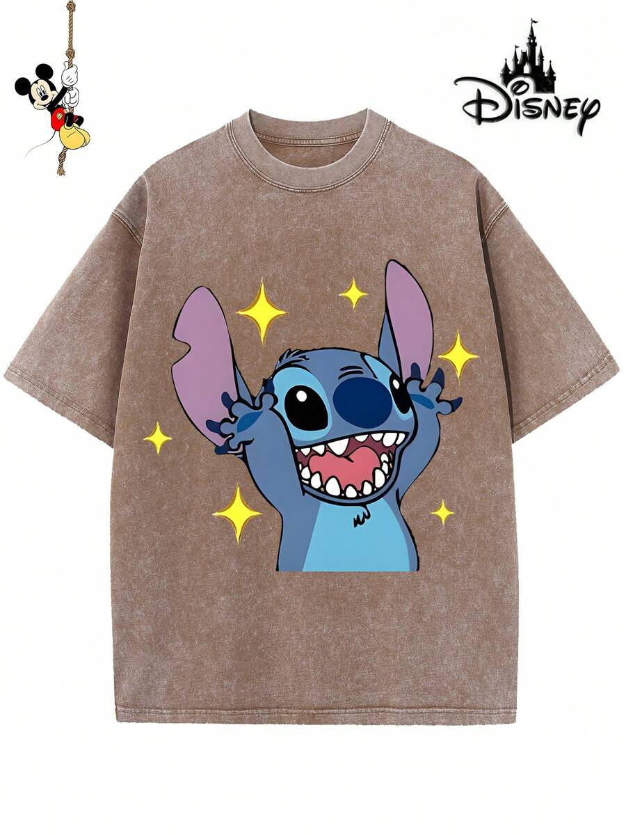 Disney-Licensed Men's Cotton T-Shirt For The 2026 Family Holiday. Featuring A Stitch Motif, Washed Crew Neck, Soft And Comfortable Feel, Easy Care And Suitable For Various Occasions Such As Holidays, Everyday Life And Commuting – Full Of Festive Spirit. - 咖啡棕 - 查看 1