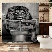 趣味狮子读报浴帘，防水防霉涤纶材质，浴室装饰，幽默动物图案，带挂钩，加厚隐私帘，适用于淋浴房和浴缸，易于安装、清洁、快干，浴室隔断帘，适用于家庭、酒店、公寓、水疗中心，时尚黑白图案浴帘，不褪色，防水，必备淋浴配件 - 黑灰 - 查看 11