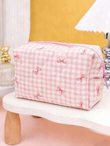 1pc Quilted Bow Makeup Bag, Mini Cosmetic Bag, Women's Minimalist Zipper Travel Pouch, Lipstick Organizer, Portable Travel Toiletry Bag, Large Capacity Cute Wash Bag, Multi-Function Storage Pouch, Sanitary Pad/Tampon Holder, Zipper Wallet, Travel Essentials, Cruise Essentials, Dorm Essentials, Travel Accessories, Home Organizer, Suitable For Home Organization And Outdoor Travel, Business Travel, Beach Vacation - Multicolor - View 9