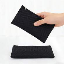 1个极简时尚黑色拉链收纳包，方便手提设计，可收纳化妆刷/口红/眉笔，易于携带 - 黑色 - 查看 2