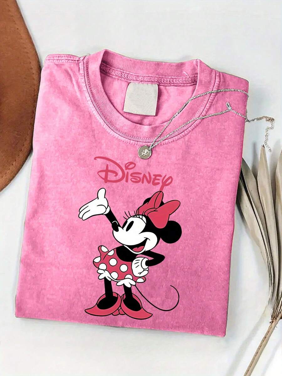 Disney Authorized | Vintage Minnie Mouse T-Shirt For Men And Women -100 Cotton Washed Casual Summer T-Shirt-Vibrant Digital Printing-Machine Washable-Perfect Gift For Fans. - Màu Hồng Tươi - Xem 1