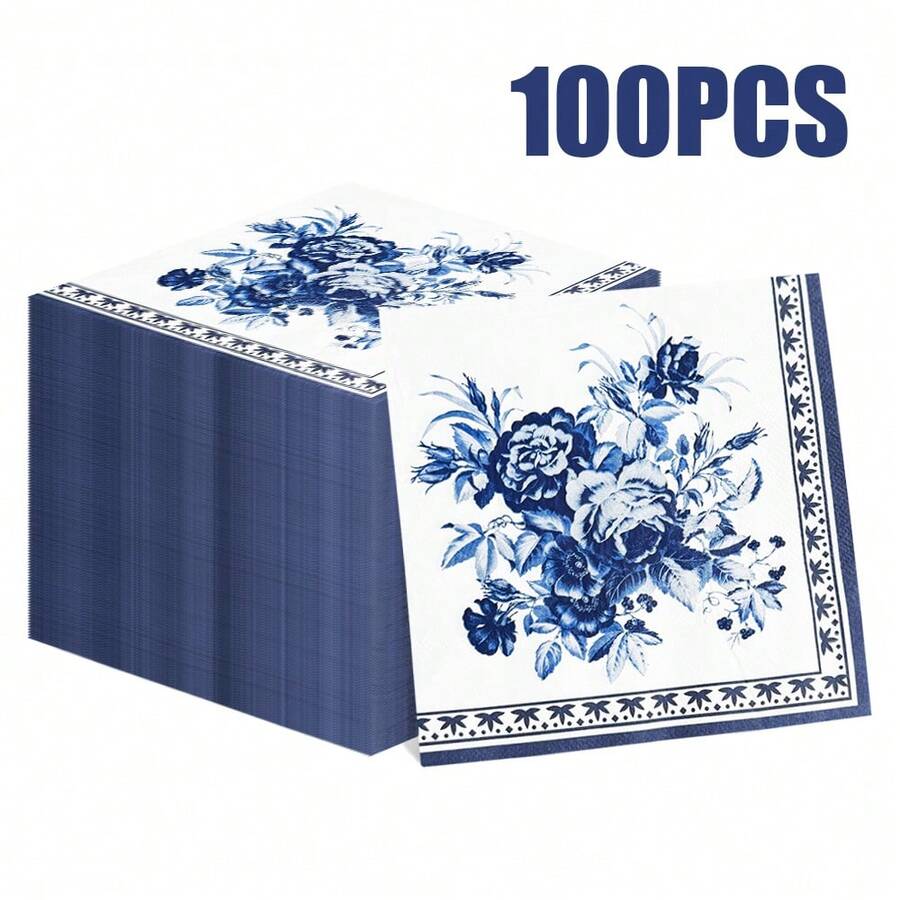 100/60/20pcs 13 * 13 Inch Disposable Blue Flower Patterned Napkins, Used For Various Occasions Such As Weddings, Christmas, Valentine's Day, Holiday Parties, Cafes, Friend Gatherings, Outdoor Picnics, Restaurants, Etc,