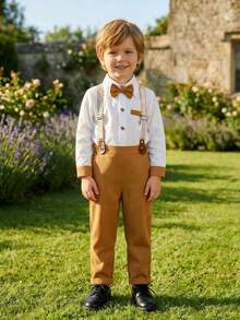 BOARNSEORL 2 piezas Conjunto de caballero para niños pequeños - Camisa blanca con pajarita y pantalones con tirantes caqui, elegante y apropiado para baby shower, fiesta de cumpleaños, boda, atuendo formal de pajecito - Caqui - Ver 2