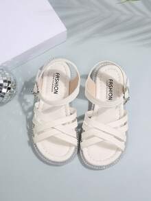 Girls' White Roman Sandals, Criss-Cross Strap Glitter Trim Princess Shoes - White - View 1