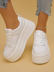 Sepatu Sneakers Wanita Sol Tebal dengan Pola Geometris, Gaya Olahraga Kasual Bertali, Cocok untuk Semua Musim, Sepatu Olahraga Wanita - Putih - View 4