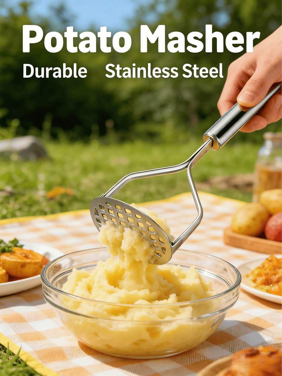 1个不锈钢土豆捣碎器，耐用厨房工具，易于清洁，大号土豆捣碎器，重型土豆捣碎器，专业土豆泥制作器，厨房工具，可用于捣碎土豆、香蕉、牛油果、大蒜、南瓜、芋头等，食品准备，烹饪用具，多功能捣碎器，时尚厨房小工具