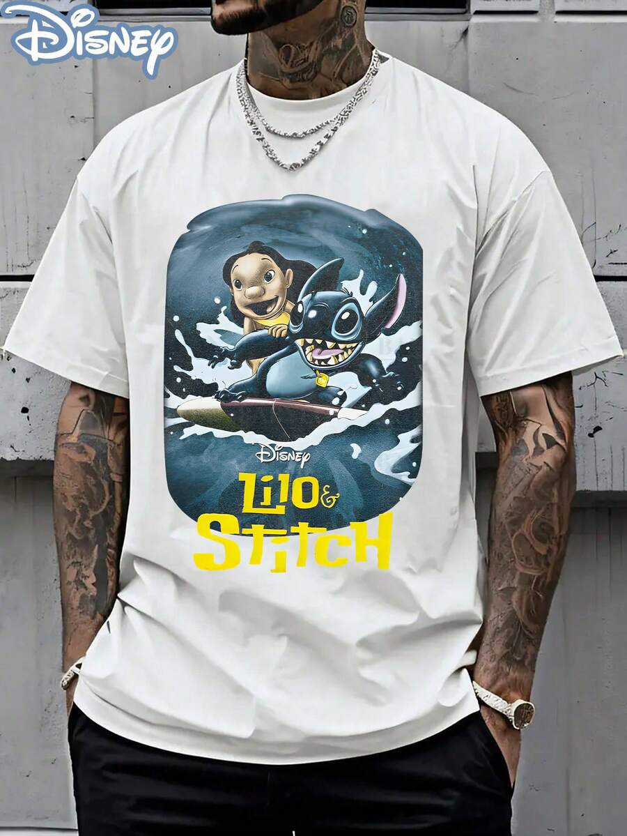 Disney Officially Licensed Graphic T Shirts 100 Percent Cotton Disney Shirt, Lilo & Stitch Surfing T-Shirt, Unisex, 220g, Retro Distressed, Cartoon Print, Casual Tee - 白色 - 查看 1