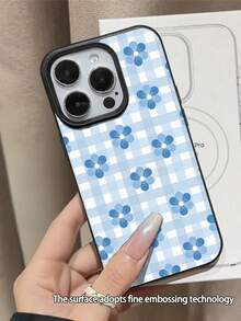 1pc Fashionable Personalized Light Blue Plaid Flower Pattern Litchi Texture Anti-Fall Anti-Slip Soft Phone Case Compatible With Apple, Phones - Multicolor - View 2