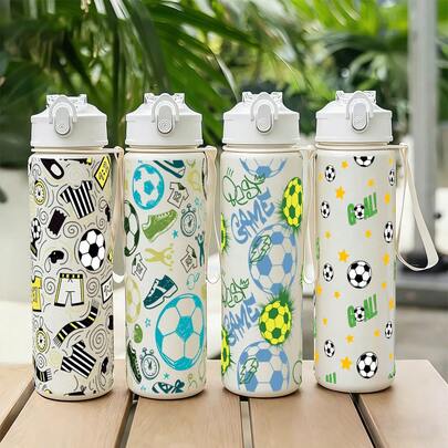 1pc Cute 27oz Cartoon Sports Water Bottle, Colorful Football Graffiti Design, Leak-Proof Flip Cap With Straw, Convenient For Commuting, Fitness, Running, Outdoor, Great Birthday Gift For Her