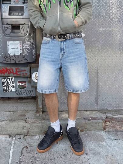 Cotton Denim Straight Leg Bermuda Shorts, Casual Ripped Jeans Shorts For Summer, Breathable Versatile Commuting