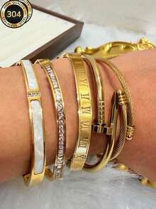 2026 New Stylish Women's Bracelet Set, Including Striped, Fully Paved, Twisted Rope, Rivet, And Smooth Clasp Designs. Made Of 304 Stainless Steel + Gold Plating, Rust/Fade/Deformation Resistant. Suitable For Valentine's Day, Birthday And Daily Wear. Fashionable, Practical And Durable. - Gold 3 - View 3