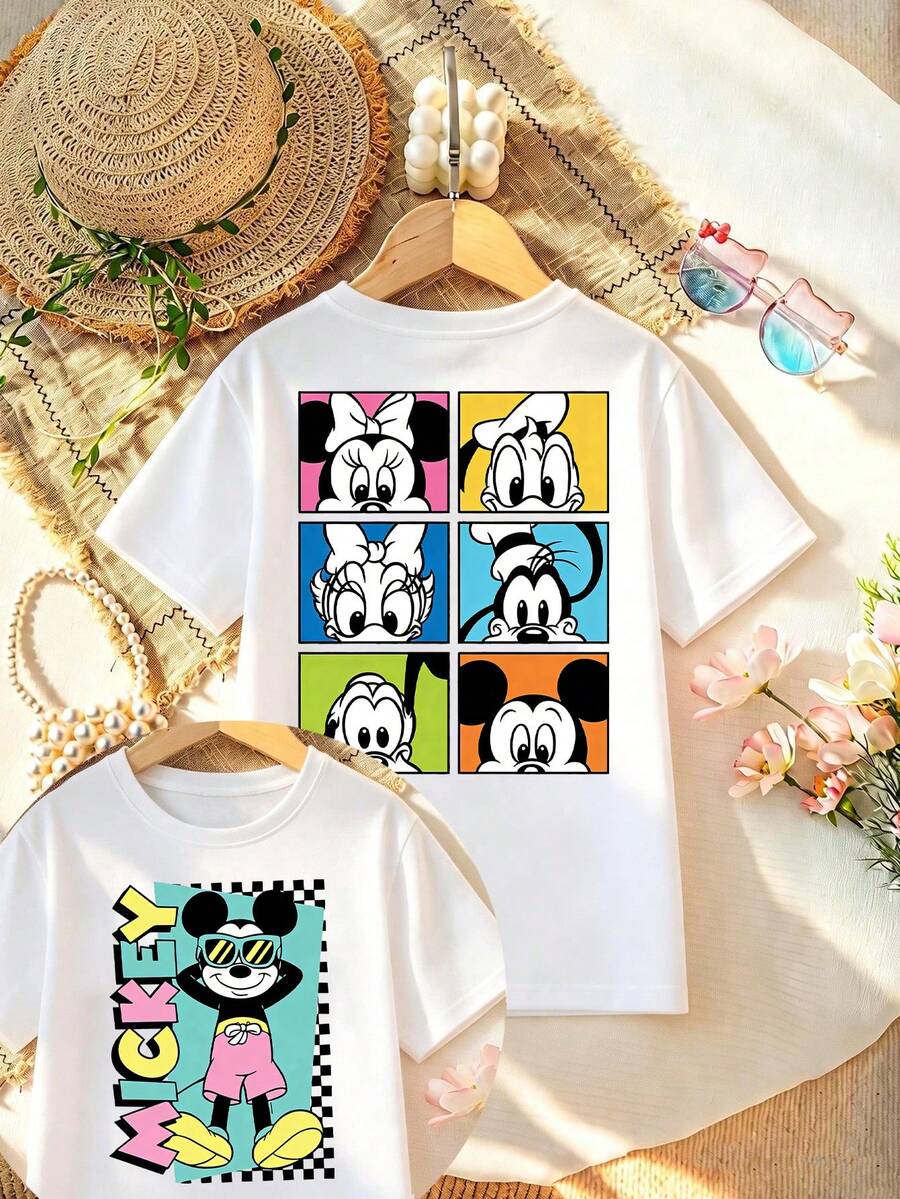 Disney Casual Regular Sleeve Round Neck Cotton T-Shirt With Mickey Mouse And Friends Print Soft Stretch Fabric Top For Women - 白色 - 查看 1