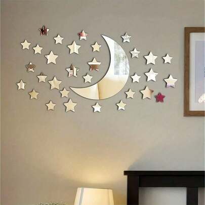 32片月亮和星星形状装饰镜贴，1毫米厚亚克力镜贴，银色装饰镜贴，房间美化装饰