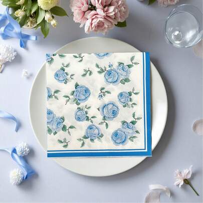 20 de șervețele de cină de unică folosință cu model de trandafir albastru Babay, decorațiuni de Ziua Îndrăgostiților, consumabile decorative pentru petreceri de nuntă, aniversare, dimensiune deschisă 13 * 13 inch, material din hârtie moale cu 2 straturi, potrivite pentru cină, picnic, întâlniri, restaurant, hotel