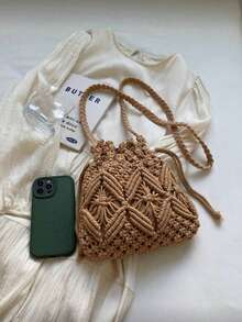 夏季时尚百搭休闲手工编织大容量沙滩草编斜挎包 - 卡其色 - 查看 4