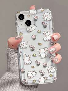 可爱兔子花卉图案气囊透明全包防摔TPU时尚手机保护壳，适用于苹果11/12/13/14/15/16/17 Pro Max/Plus/XR/7/8、A55/54/53/52/51、S25/24/23/22/21系列 - 彩色 - 查看 1