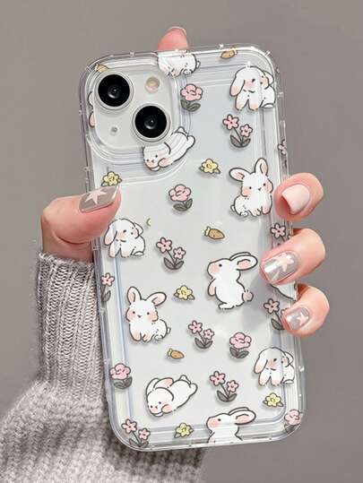 可爱兔子花卉图案气囊透明全包防摔TPU时尚手机保护壳，适用于苹果11/12/13/14/15/16/17 Pro Max/Plus/XR/7/8、A55/54/53/52/51、S25/24/23/22/21系列