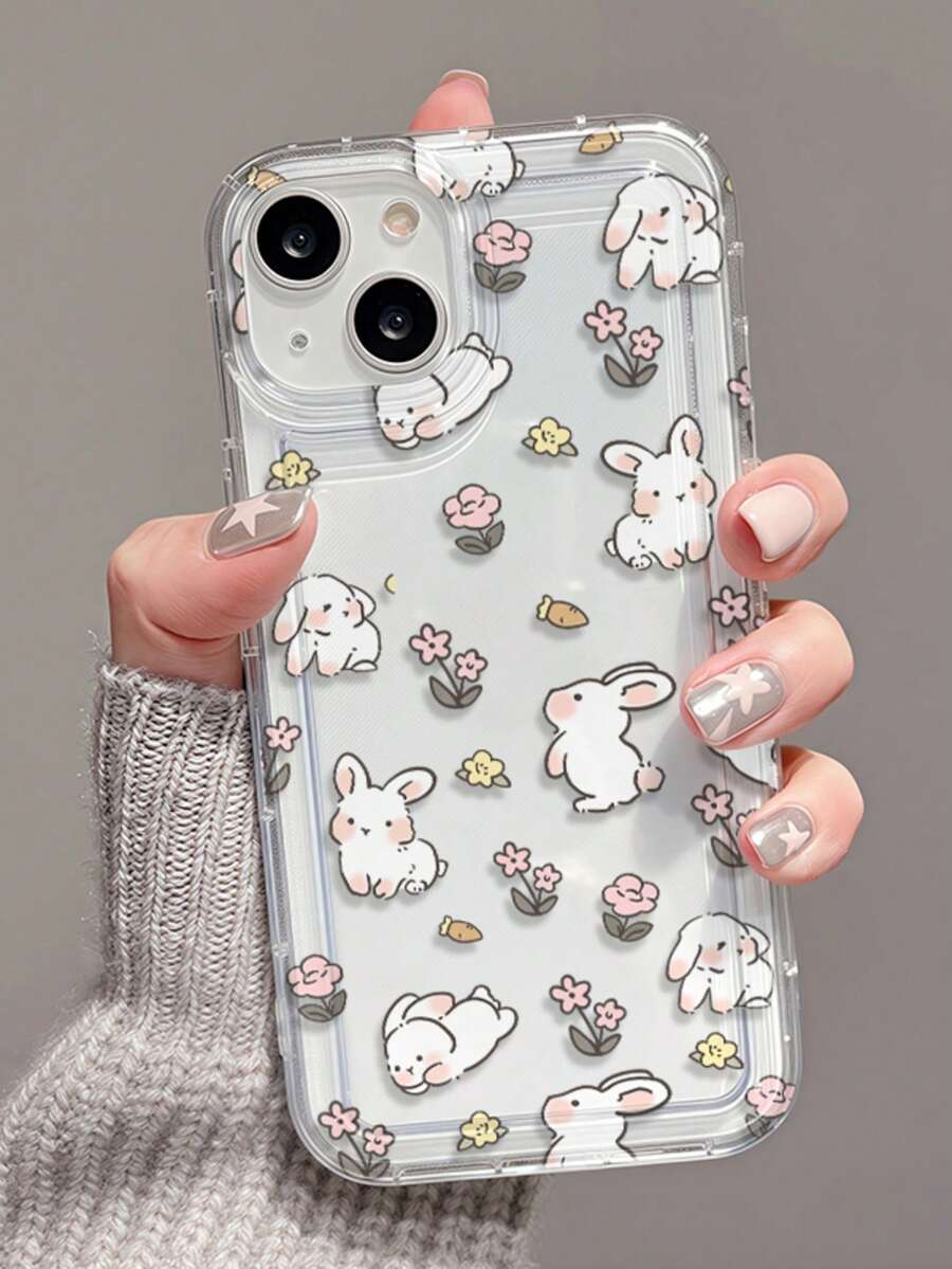 可爱兔子花卉图案气囊透明全包防摔TPU时尚手机保护壳，适用于苹果11/12/13/14/15/16/17 Pro Max/Plus/XR/7/8、A55/54/53/52/51、S25/24/23/22/21系列 - 彩色 - 查看 1