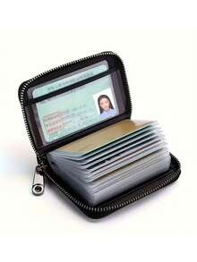 Men's Ultra-Thin RFID Blocking Zipper Wallet - Compact Business Card Holder With Multi-Functional Compartments, Secure Travel Document Storage, Holds 12+ Cards & Cash, Durable Black Design, Minimalist Style, Metal Clasp - View 2