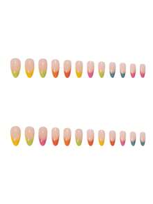24片彩虹杏仁形柔软全覆盖式美甲贴片，时尚设计，适合派对、约会和日常佩戴 - 彩色 - 查看 2