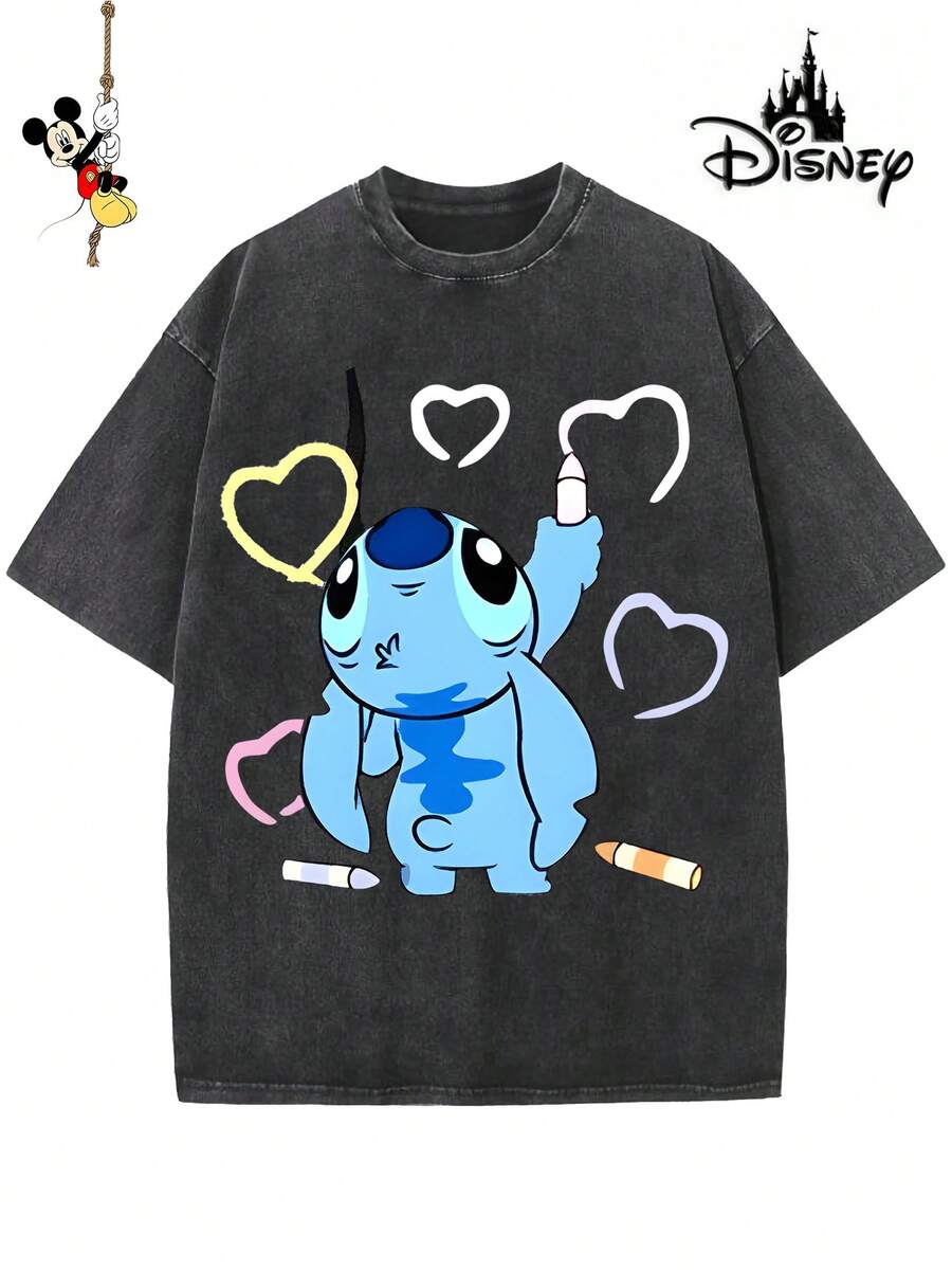Disney-Licensed Men's Cotton T-Shirt For The 2026 Family Holiday. Featuring A Stitch Motif, Washed Crew Neck, Soft And Comfortable Feel, Easy Care And Suitable For Various Occasions Such As Holidays, Everyday Life And Commuting – Full Of Festive Spirit. - 黑色 - 查看 1