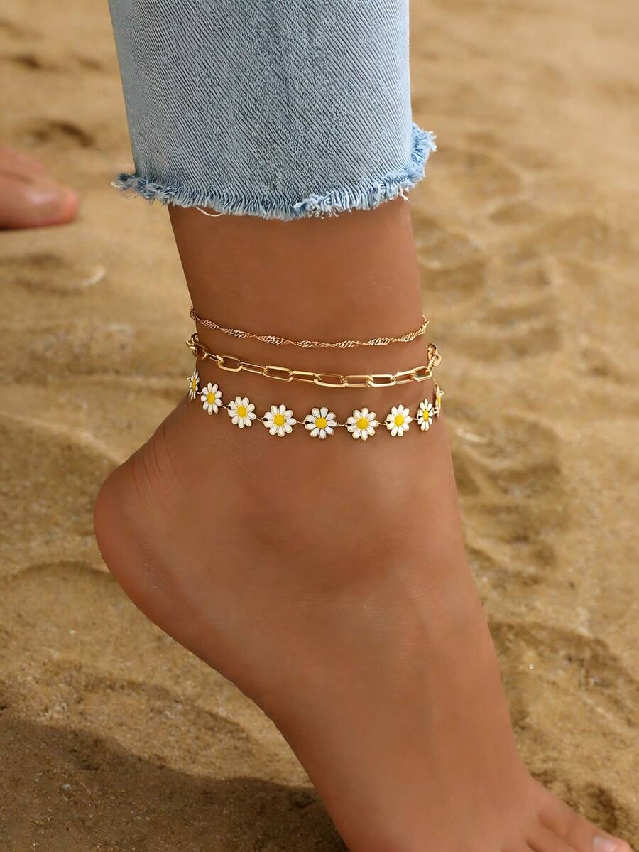 Set de 3 piezas Tobilleras de cadena dorada minimalista con margaritas, adecuadas para uso diario y vacaciones - 775 Juego de tobilleras de tres piezas - Ver 1