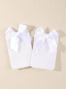 1双儿童蝴蝶结甜美可爱中筒网眼袜，镂空渔网女童袜，适合春夏穿着 - 彩色 - 查看 11