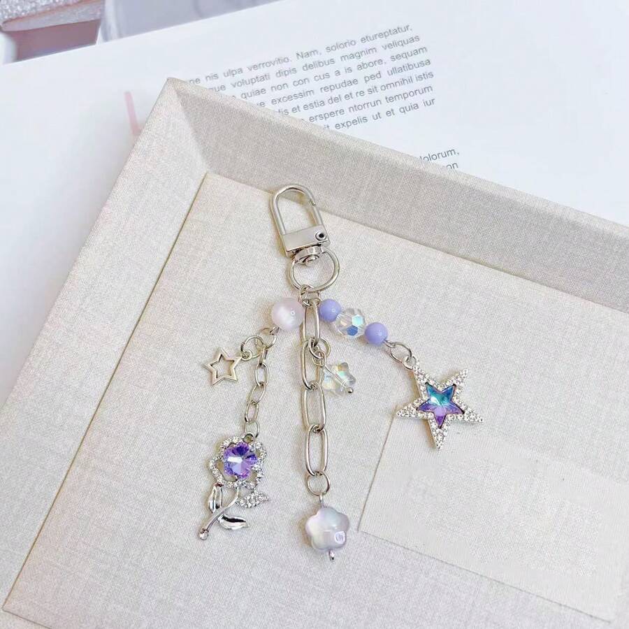 1条女士INS风优雅蓝紫色星星串珠手机挂绳，闪亮紫色水钻玫瑰吊坠钥匙扣 - 彩色 - 查看 1