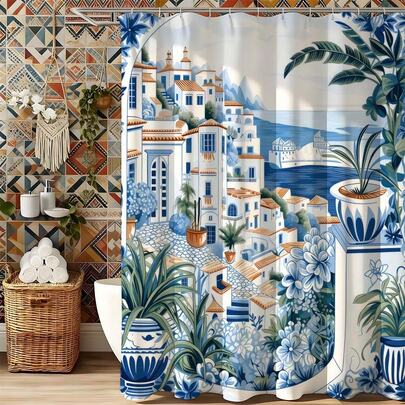 Mediterranean Blue White Coastal Town Scenery Shower Curtain Waterproof Mildew Resistant Polyester Bath Curtain For Bathroom Decor Fresh Coastal Bathroom Accessories With Hooks Thickened Privacy Curtain For Shower Stall Bathtub Easy To Install Clean Quick Dry Bathroom Partition Curtain For Home Hotel Apartment Spa Stylish Amalfi Inspired Pattern Shower Curtains Non Fading Water Repellent Bathroom Curtains Essential Shower Accessories