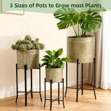 Juego de 3 macetas de pie de 12.8 pulgadas 11.5 pulgadas 9.5 pulgadas corrugado galvanizado soporte rústico para plantas macetas de metal para interiores y exteriores jardín patio - Plateado oscuro - Ver 2