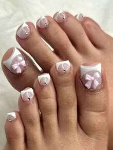 升级你的美甲风格！24片装短款方形脚趾甲贴片，白色法式亮面全覆盖脚趾甲套装，饰有粉色蝴蝶结和水钻，包含1片果冻胶和1个指甲锉，适合派对、婚礼、日常佩戴。 - 淺粉色 - 查看 1