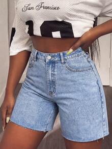 Distressed Light Blue High Waist Denim Shorts, Stretchy Washed Fabric, Casual Summer Chic Retro All-Match Style - Blue - View 6