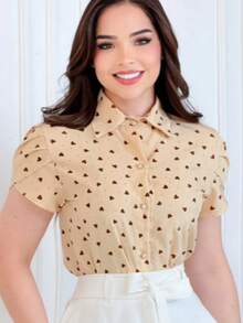 Women's Evangelical Dress Blouse With Heart Print - Beige - View 1