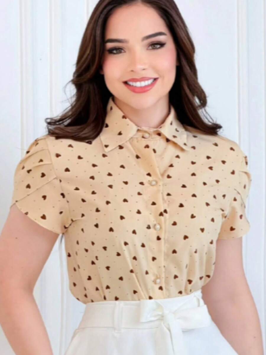 Women's Evangelical Dress Blouse With Heart Print - Beige - View 1