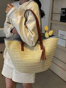 2026 New Fashion Large Capacity Woven Bucket Bag, Casual Versatile Women Shoulder Tote Bag, Suitable For Daily Commute, Outing, Travel, Beach Holiday - Multicolor - View 7