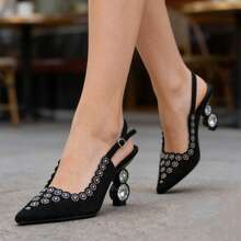 Women's Luxury Crystal Decor Asymmetric Crystal Heel Mule Shoes, Pointed Toe Single Strap High Heels, Velvet Texture, Elegant Party Pumps, Black - Black - View 2