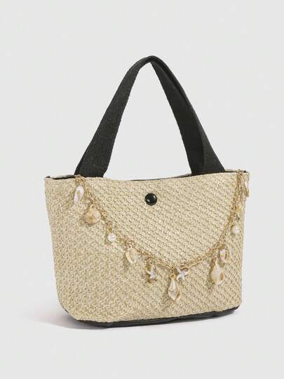 Minimalist Luxury Woven Handbag For Women, Straw Bag, Fashionable Versatile Textured Tote Bag, Must-Have Beach Vacation Organizer Bag, Crochet Bag With Detachable Faux Shell Chain Decor, Versatile Luxury Tote