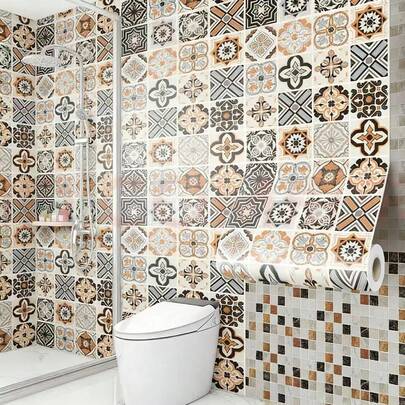 1卷欧式自粘地砖，陶瓷砖设计，波西米亚风图案，防水易撕贴方形地贴，适用于客厅、厨房、浴室、卧室装饰，15.75/21.65英寸宽度可选，贴纸，墙贴