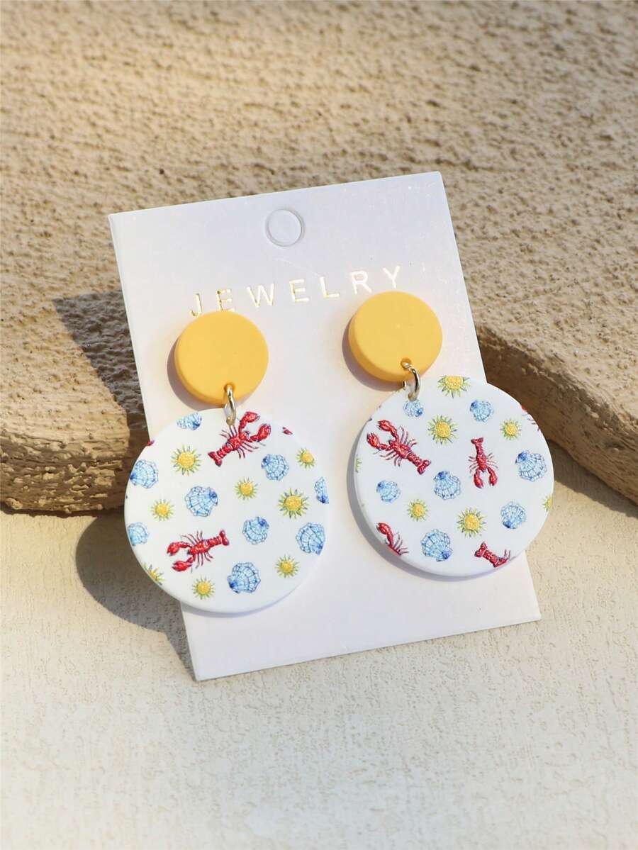 1对女士海洋风情虾、龙虾、贝壳和太阳印花陶瓷质感亚克力圆形可爱度假风耳环 - 彩色 - 查看 1
