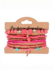 Set de 8 piezas de pulseras elásticas bohemias con cuentas, pulseras hechas a mano con cuentas, accesorios románticos para vacaciones en la playa - Multicolor - Ver 5